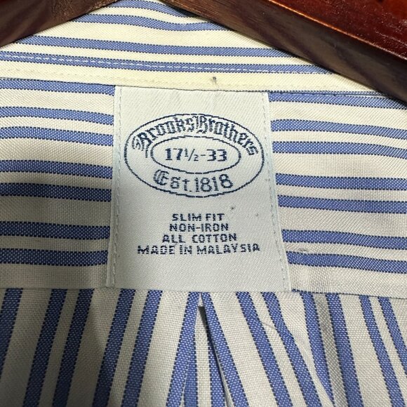 Brooks Brothers Shirt Mens 17.5 Slim Fit Non Iron Blue White Stripe Cotton Pocke - Picture 6 of 8